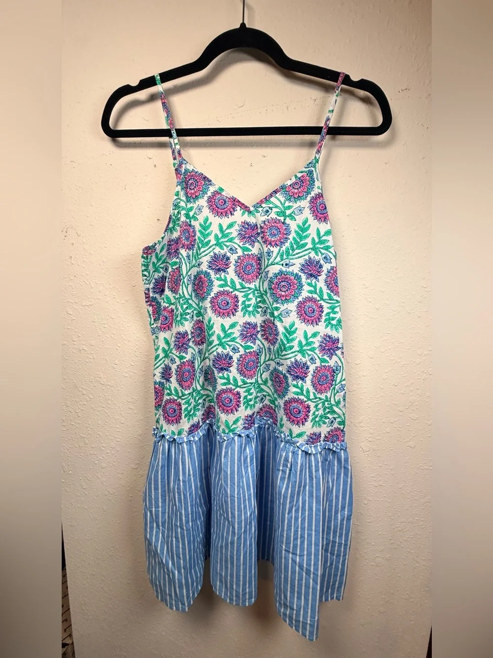 J.Crew Floral Mixed Print Sundress Tiered Striped Hem Cotton Cottagecore Dress